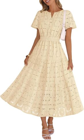 MEROKEETY Women's Spring Summer Floral Maxi Dress 2026 Boho Eyelet Hollow Out Lace Short Sleeve A Line Tiered Flowy Dresses in Saudi Arabia
