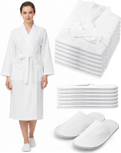 Jecery 24 Pcs Waffle Bath Robe and Slippers Set 12 Pcs Women's Spa Bathrobe with 12 Pairs Slippers Bulk Bridesmaid Robes Lightweight Soft Thin Spa Bathrobe for Wedding Party Hotel White in Kuwait
