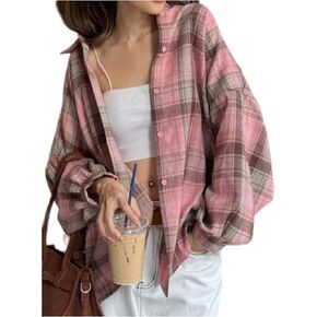 GORGLITTER Women's Plaid Flannel Shirts Long Sleeve Loose Fit Boyfriend Button Down Shirt in Saudi Arabia