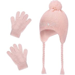 Girls Winter Hat Gloves Set, Kids Cat Embroidered Knit Beanie with Earflaps Fleece Lined Pom Ski Cap Christmas Gifts for 4-8Y in Saudi Arabia