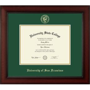 University of San Francisco 9" w x 7" h Diploma Frame - Fits a bachelor's - Gold Embossed Diploma Frame - Cherry Moulding with Tartan Green and Gold Matting - Officially Licensed in Saudi Arabia