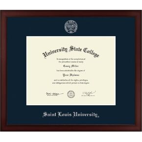 Saint Louis University 11" w x 8.5" h Diploma Frame - Fits a bachelor's, master's and phd - Silver Embossed Diploma Frame - Cherry Moulding with Navy Matting - Officially Licensed in Saudi Arabia