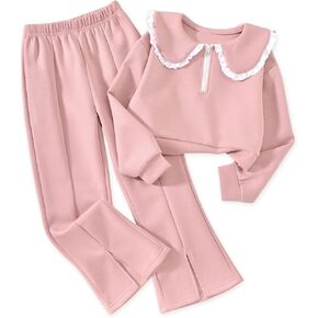 HIHA Girls Doll Collar Half Zip Sweatshirt Flare Pant Set for 6-12 Years in Kuwait