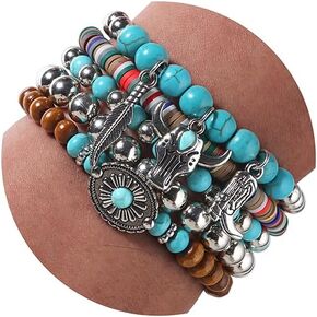 Giovanchi Turquoise Western Bracelets for Women Bohemian Jewelry Vintage Stackable Turquoise Bracelet Rustic Beaded Cow Head Charm Stretch Bracelet Western Rustic Costume Jewelry Accessories in Kuwait
