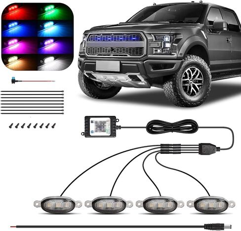 4 Pcs Led Universal RGB Grille Lights Compatible with Raptor Style Ford F150, Dodge Ram 1500, Tundra with APP Control - LED Front Daytime Running Light Accessories with Fuse & Harness in Kuwait