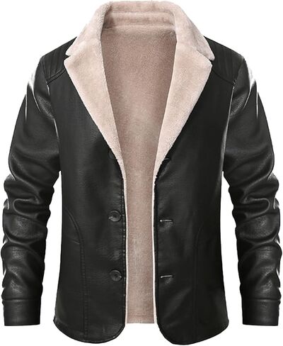 SOMTHRON Men's Faux Leather Sherpa Lined Jacket Notched Lapel Winter Trench Coat Motorcycle Trucker Jacket in Saudi Arabia