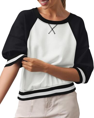 Fisoew Womens Crewneck Sweatshirt Ribbed Raglan Half Sleeve Pullover Tops Color Block Loose Fit Sweatshirts in Saudi Arabia
