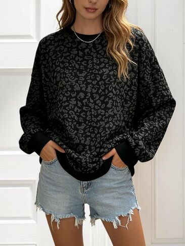 Plus Size Womens Crew Neck Shirts Long Sleeve Leopard Print Loose Tops Fall Casual Sweatshirt in Saudi Arabia