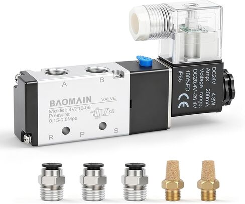 Baomain الملف اللولبي صمام 4V210-08 DC24V 2 الموضع 5 الطريق PT1/4 "بتجريبية داخلي القائم بالوكالة من نوع واحد من الهواء الهوائي مع 3 تركيب و 2 كاتم الصوت in Kuwait