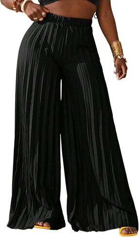 QJQ Women's Elegant Flowy Palazzo Wide Leg Pants Elastic High Waisted Loose Dressy Pleated Trousers in Saudi Arabia