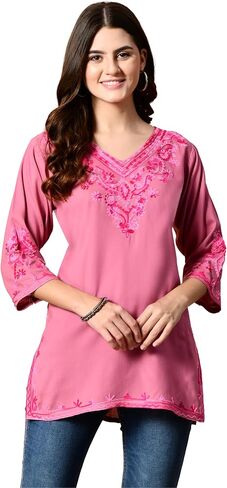 Women's Embroidered Kashmiri Tunic Top, Short Kurti on Jeans, V-Neck, 3/4 Sleeve, Floral Design in Saudi Arabia