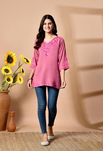 Women's Embroidered Kashmiri Tunic Top, Short Kurti on Jeans, V-Neck, 3/4 Sleeve, Floral Design in Saudi Arabia