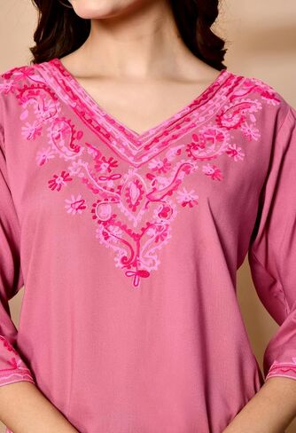 Women's Embroidered Kashmiri Tunic Top, Short Kurti on Jeans, V-Neck, 3/4 Sleeve, Floral Design in Saudi Arabia