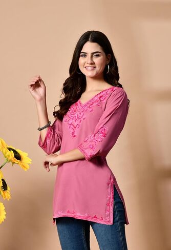 Women's Embroidered Kashmiri Tunic Top, Short Kurti on Jeans, V-Neck, 3/4 Sleeve, Floral Design in Saudi Arabia