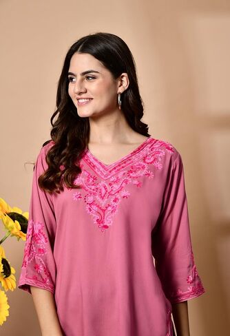 Women's Embroidered Kashmiri Tunic Top, Short Kurti on Jeans, V-Neck, 3/4 Sleeve, Floral Design in Saudi Arabia