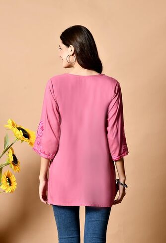 Women's Embroidered Kashmiri Tunic Top, Short Kurti on Jeans, V-Neck, 3/4 Sleeve, Floral Design in Saudi Arabia
