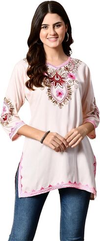 Women's Embroidered Kashmiri Tunic Top, Short Kurti on Jeans, V-Neck, 3/4 Sleeve, Floral Design in Saudi Arabia