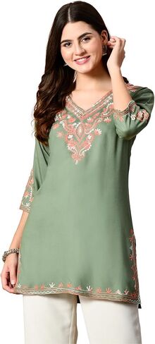 Women's Embroidered Kashmiri Tunic Top, Short Kurti on Jeans, V-Neck, 3/4 Sleeve, Floral Design in Saudi Arabia