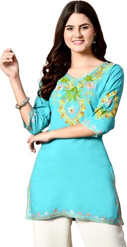 Women's Embroidered Kashmiri Tunic Top, Short Kurti on Jeans, V-Neck, 3/4 Sleeve, Floral Design in Saudi Arabia