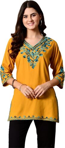 Women's Embroidered Kashmiri Tunic Top, Short Kurti on Jeans, V-Neck, 3/4 Sleeve, Floral Design in Saudi Arabia