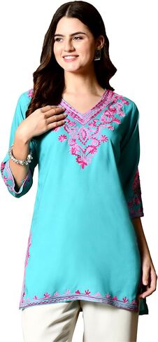 Women's Embroidered Kashmiri Tunic Top, Short Kurti on Jeans, V-Neck, 3/4 Sleeve, Floral Design in Saudi Arabia
