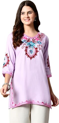 Women's Embroidered Kashmiri Tunic Top, Short Kurti on Jeans, V-Neck, 3/4 Sleeve, Floral Design in Saudi Arabia
