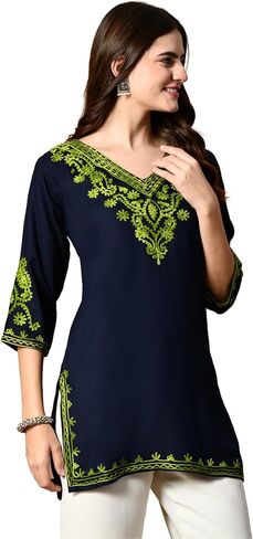 Women's Embroidered Kashmiri Tunic Top, Short Kurti on Jeans, V-Neck, 3/4 Sleeve, Floral Design in Saudi Arabia