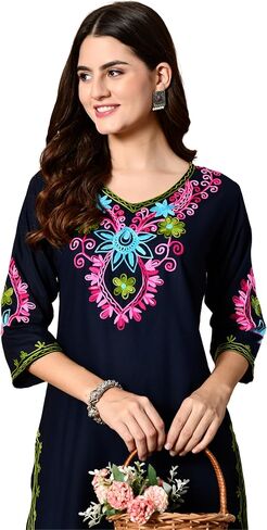 Women's Embroidered Kashmiri Tunic Top, Short Kurti on Jeans, V-Neck, 3/4 Sleeve, Floral Design in Saudi Arabia