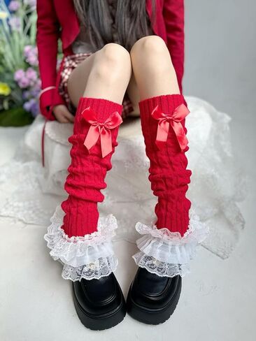 Benefeet Sox Womens Leg Warmers with Lace Trim Bow Crochet Knit Cute Y2K Knee High Flared Leg Warmer in Saudi Arabia