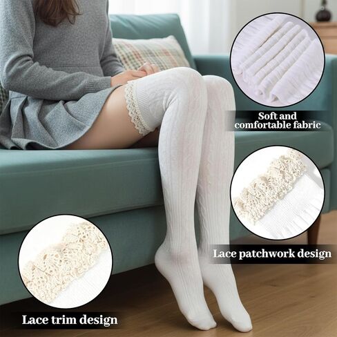 Larrel Lace Knee High Socks for Boots, White Leg Warmers with Lace Trim Cute White Thigh High Socks for Women Girls Daily Use Cosplay Boots Casual Chic in Saudi Arabia