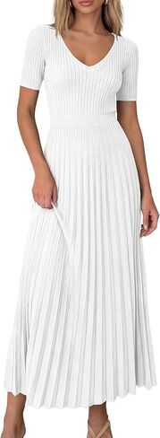 PRETTYGARDEN Women's 2026 Spring Midi Sweater Dresses Elegant Pleated Ribbed Knit Short Sleeve V Neck A Line Summer Outfits in Saudi Arabia
