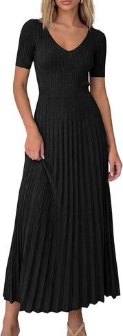 PRETTYGARDEN Women's 2026 Spring Midi Sweater Dresses Elegant Pleated Ribbed Knit Short Sleeve V Neck A Line Summer Outfits in Saudi Arabia
