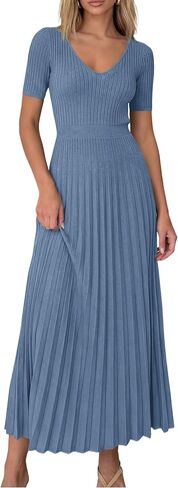 PRETTYGARDEN Women's 2026 Spring Midi Sweater Dresses Elegant Pleated Ribbed Knit Short Sleeve V Neck A Line Summer Outfits in Saudi Arabia