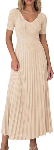 PRETTYGARDEN Women's 2026 Spring Midi Sweater Dresses Elegant Pleated Ribbed Knit Short Sleeve V Neck A Line Summer Outfits in Saudi Arabia
