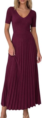 PRETTYGARDEN Women's 2026 Spring Midi Sweater Dresses Elegant Pleated Ribbed Knit Short Sleeve V Neck A Line Summer Outfits in Saudi Arabia
