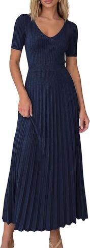 PRETTYGARDEN Women's 2026 Spring Midi Sweater Dresses Elegant Pleated Ribbed Knit Short Sleeve V Neck A Line Summer Outfits in Saudi Arabia