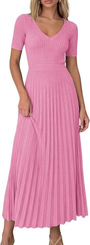 PRETTYGARDEN Women's 2026 Spring Midi Sweater Dresses Elegant Pleated Ribbed Knit Short Sleeve V Neck A Line Summer Outfits in Saudi Arabia