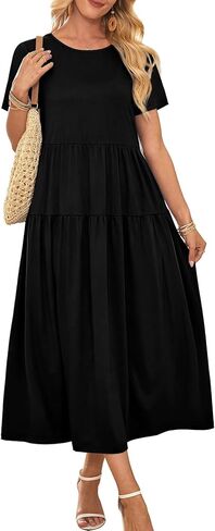 OFEEFAN Maxi Dress Casual Dresses for Women Crew Neck Short Sleeve Tiered Dress with Pockets in Saudi Arabia
