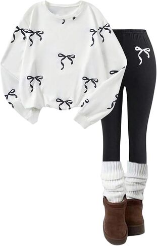 Verdusa Girl's 2 Piece Cute Bow Outfits Long Sleeve Crewneck Sweatshirt and Leggings Set in Saudi Arabia