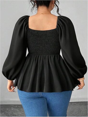 بلوزة نسائية من Floerns بمقاس كبير من Boho Floral مطرزة وأكمام منتفخة وكشكشة علوية من Peplum in Kuwait