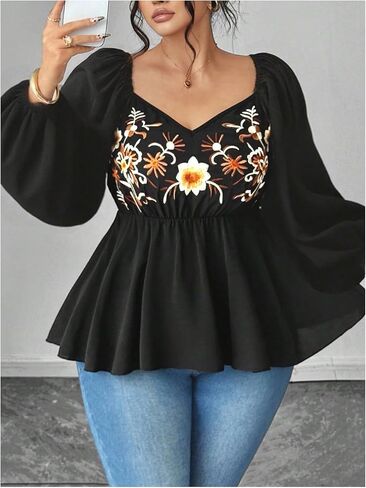 بلوزة نسائية من Floerns بمقاس كبير من Boho Floral مطرزة وأكمام منتفخة وكشكشة علوية من Peplum in Kuwait