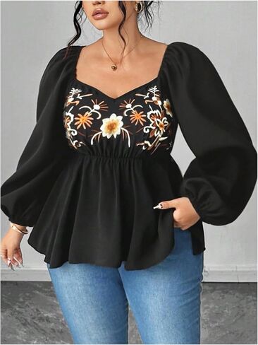 بلوزة نسائية من Floerns بمقاس كبير من Boho Floral مطرزة وأكمام منتفخة وكشكشة علوية من Peplum in Kuwait