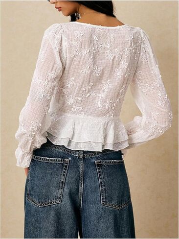 SHENHE Women's Floral Embroidered Deep V Neck Top Tie Front Long Sleeve Peplum Blouse in Saudi Arabia