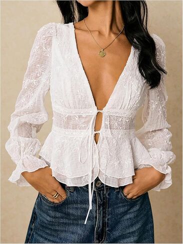 SHENHE Women's Floral Embroidered Deep V Neck Top Tie Front Long Sleeve Peplum Blouse in Saudi Arabia
