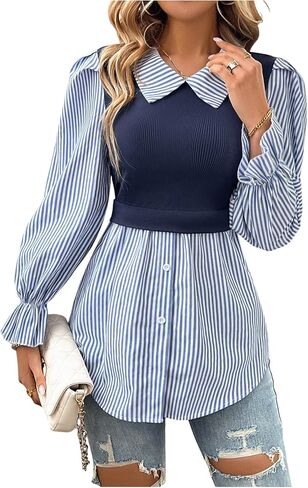 Women's Striped Puff Long Sleeve Shirts Elegant Button Front Peplum Collared 2 in 1 Work Blouses in Saudi Arabia