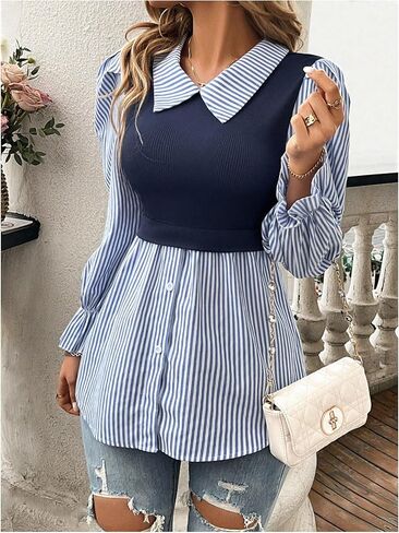Women's Striped Puff Long Sleeve Shirts Elegant Button Front Peplum Collared 2 in 1 Work Blouses in Saudi Arabia