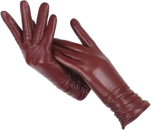 Women Pleated Sheepskin Leather Gloves Winter Warm Genuine Leather Gloves in Saudi Arabia