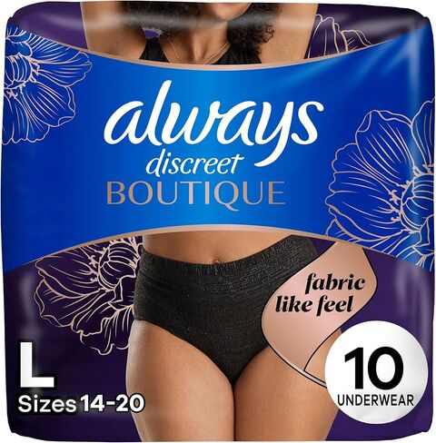 ملابس داخلية نسائية من Always Discreet Boutique لسلس البول وما بعد الولادة للنساء، أقصى قدر من الحماية، مقاس L، أسود، 18 قطعة (قد تختلف التعبئة) in Kuwait