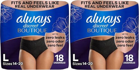 ملابس داخلية نسائية من Always Discreet Boutique لسلس البول وما بعد الولادة للنساء، أقصى قدر من الحماية، مقاس L، أسود، 18 قطعة (قد تختلف التعبئة) in Kuwait