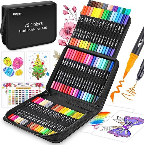 iBayam Art Markers Set, 72 Colors Dual Tip Brush Pens for Adult Coloring Book, Note-Taking, Calligraphy, Journaling, Sketching & Lettering, with Gift Case for Kids Adult Teens School Art Supplies in Kuwait